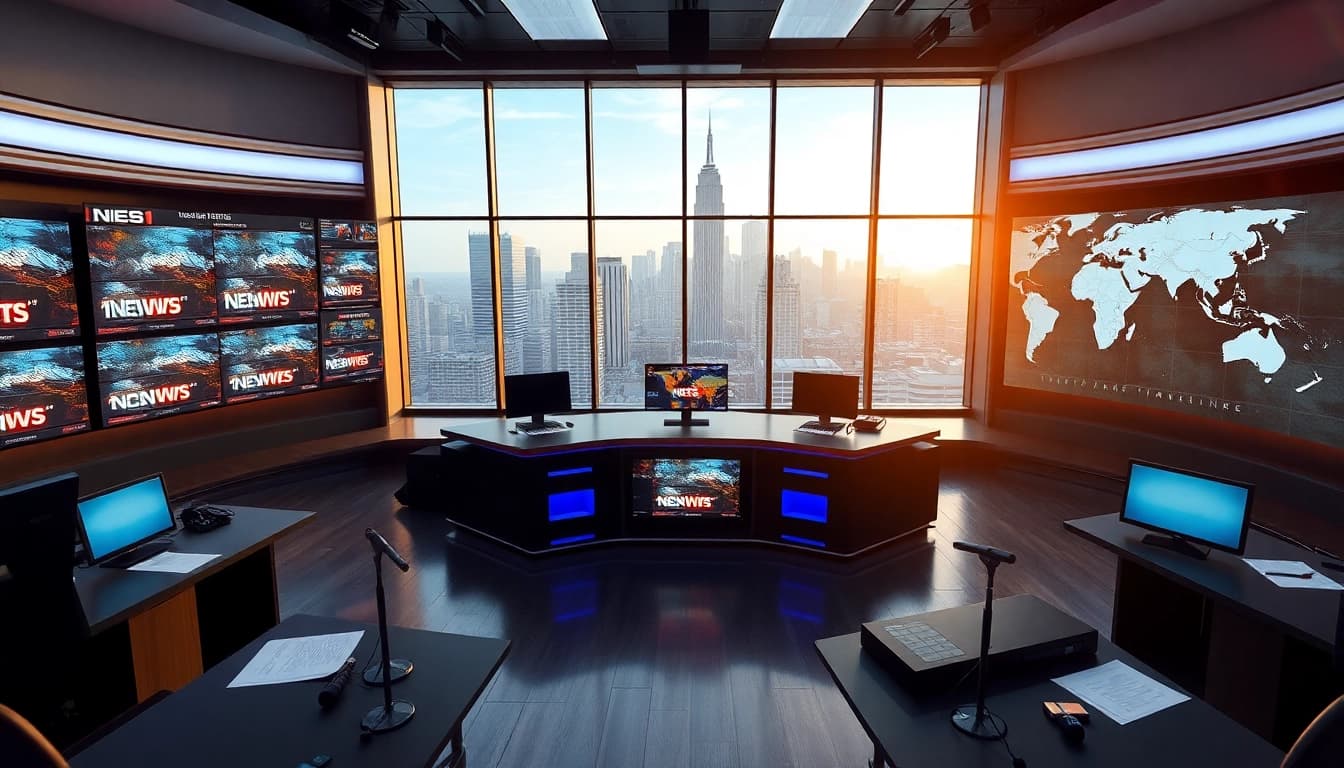 Deliver breaking News updates from a dynamic newsroom setting with multiple screens.