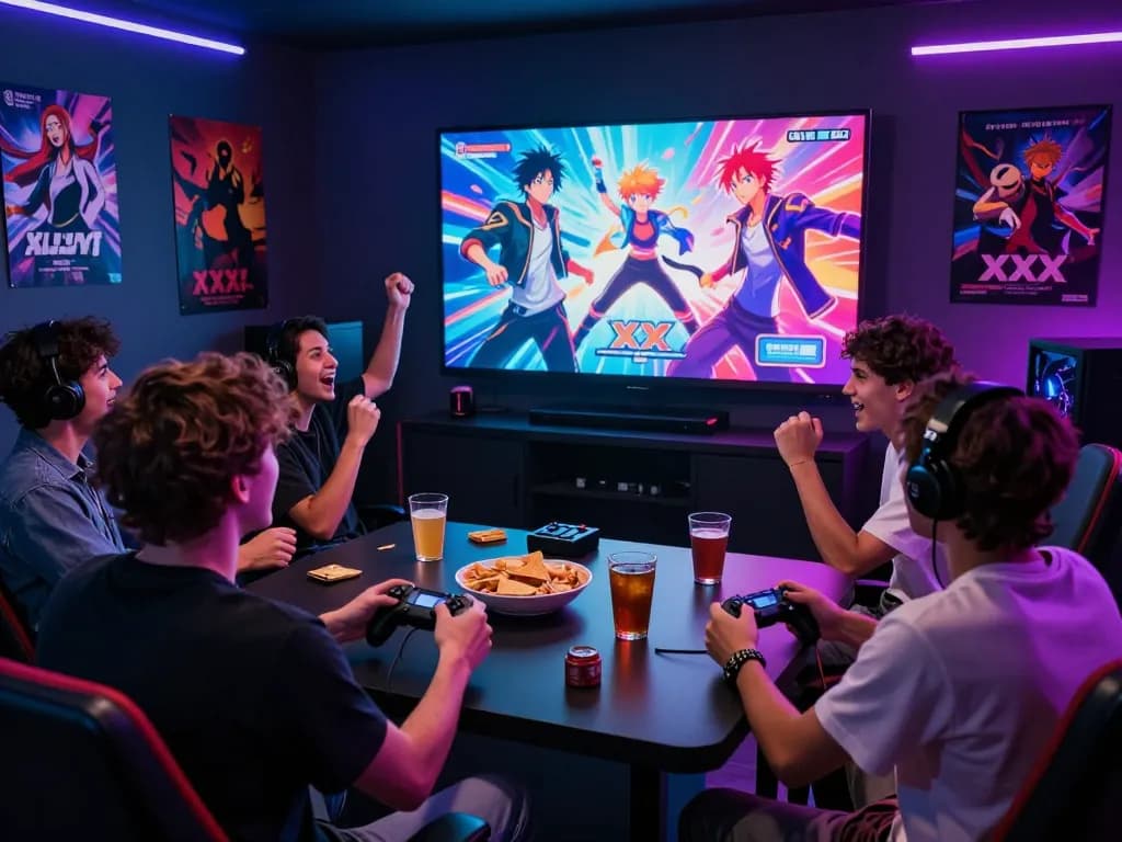 Friends enjoying an exciting xxx game together on a large screen, vibrant colors and engaging gameplay create a lively gaming atmosphere.