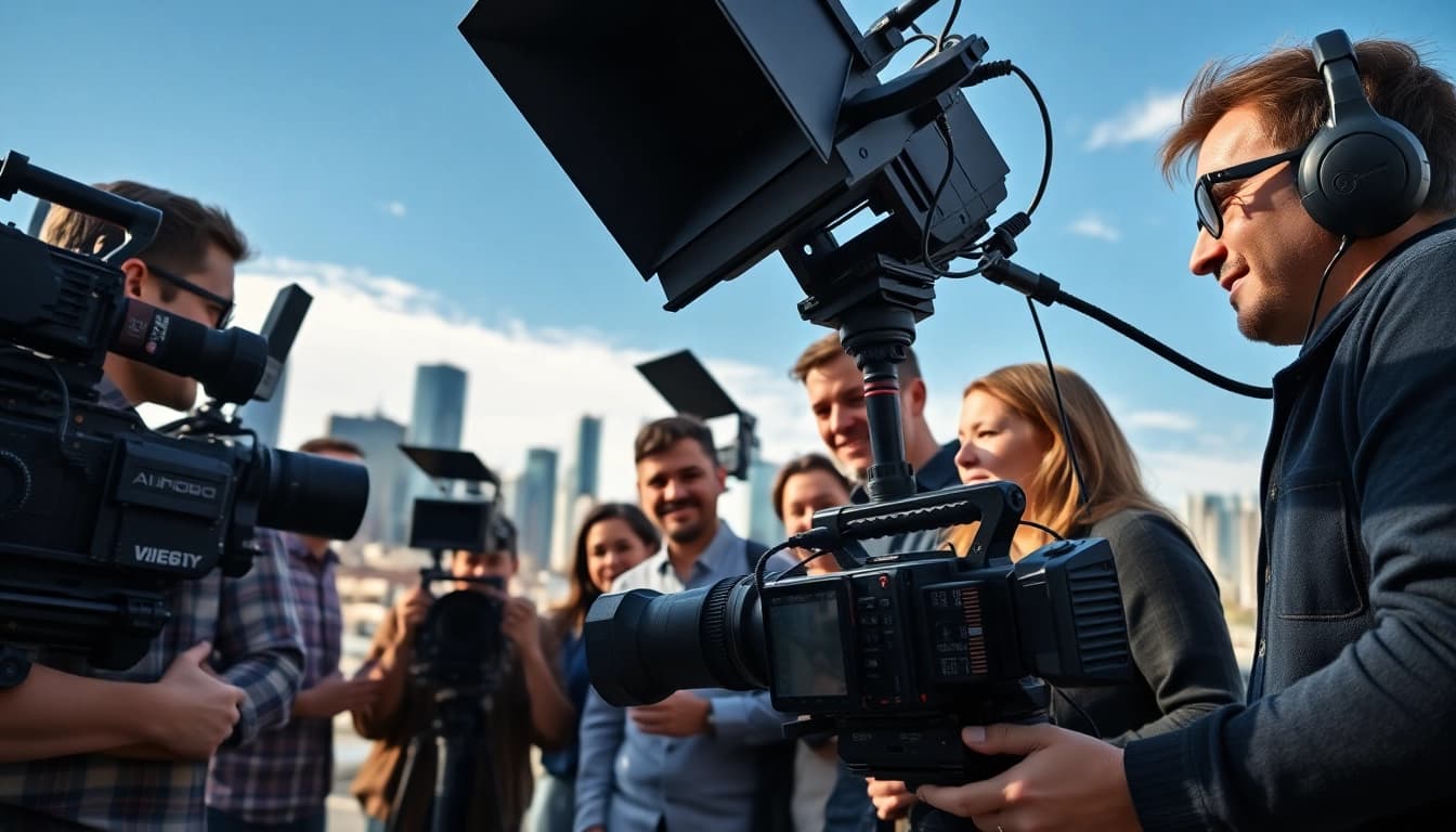 Video production Calgary team collaborating with professional equipment in an urban setting.