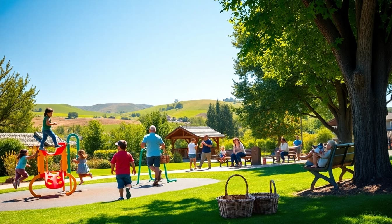 Families enjoying a sunny day in Clarksburg CA park, vibrant community scene.