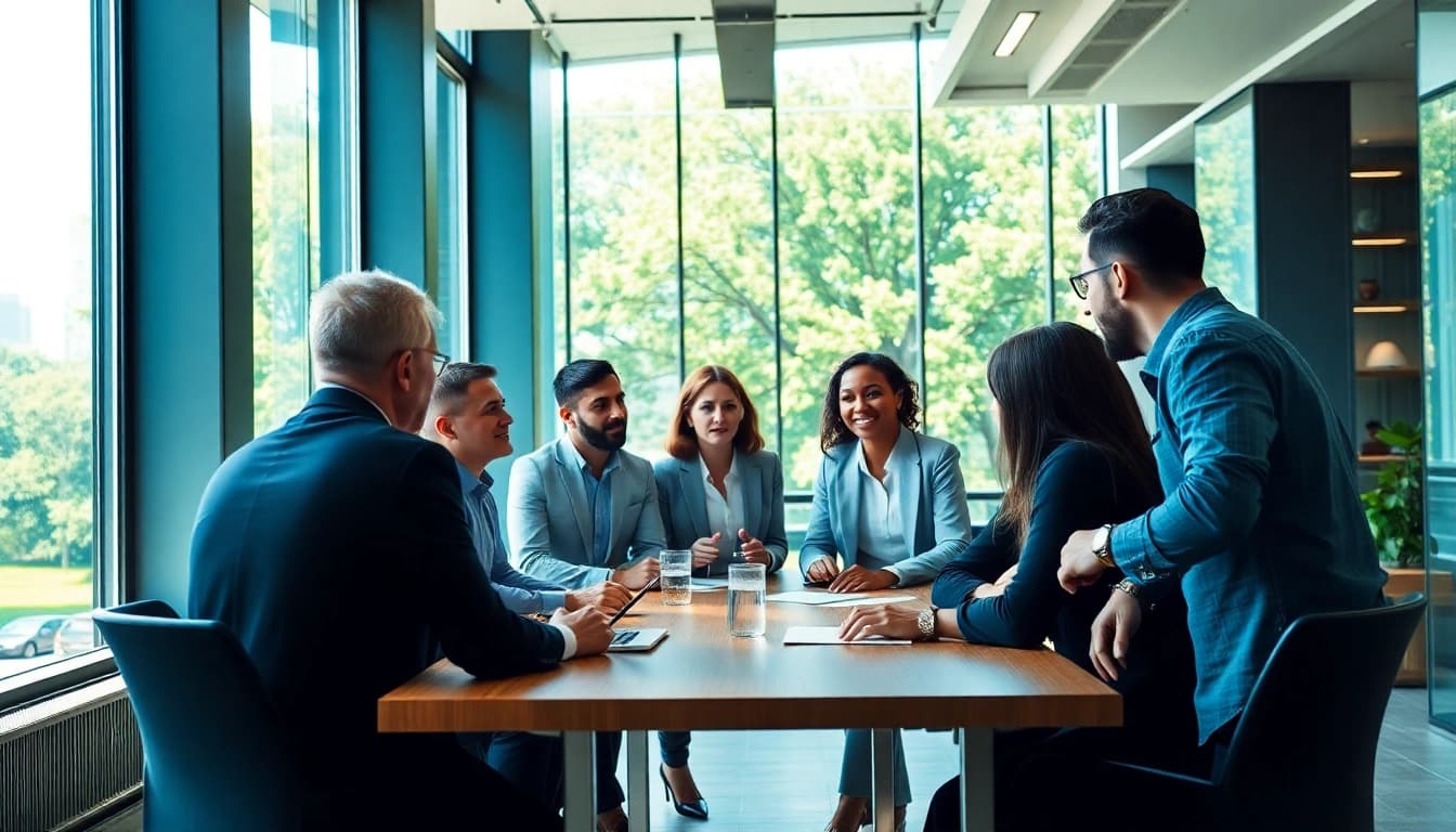 Engaging diverse team members in a business meeting within a modern office environment.