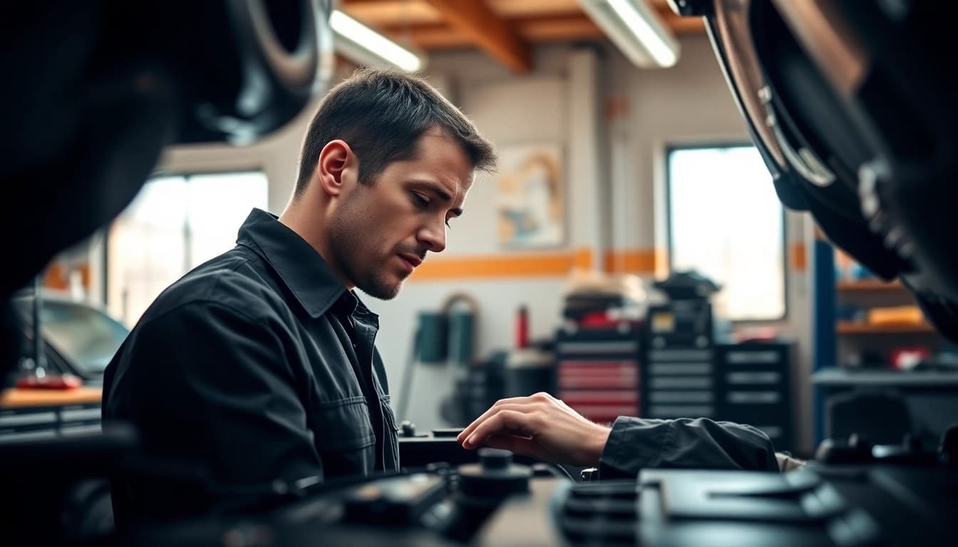 Technician performing Land Rover Service in a well-lit workshop with tools.