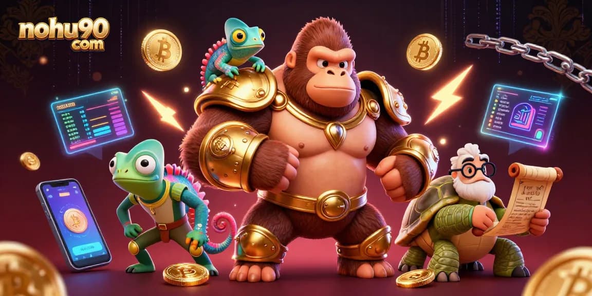 Nohu90 com showcases a powerful gorilla king surrounded by crypto coins in a vibrant casino world.