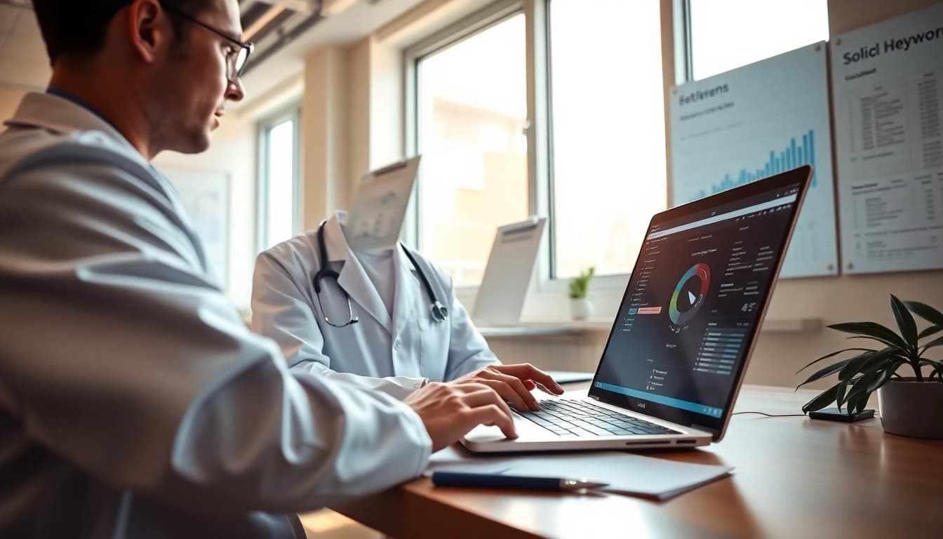 SEO für Ärzte: Doctor analyzing digital marketing strategies in a modern clinic setting.