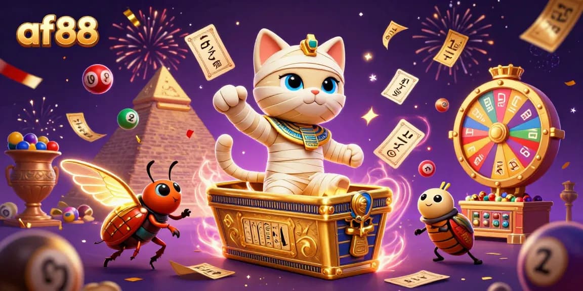 Experience thrilling gaming at af88 with vibrant lottery balls and a 3D Egyptian mummy cat character