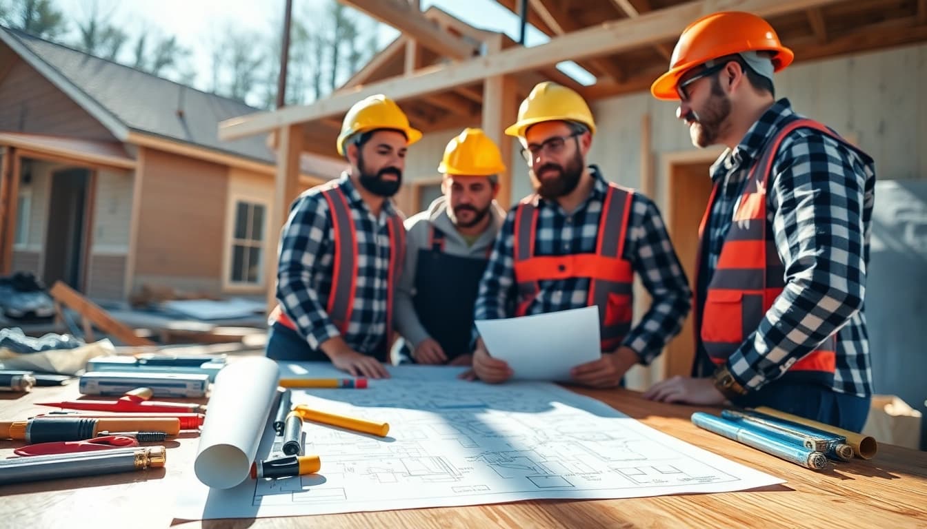 Engaged builders discussing plans for good builders near me project at a residential site.