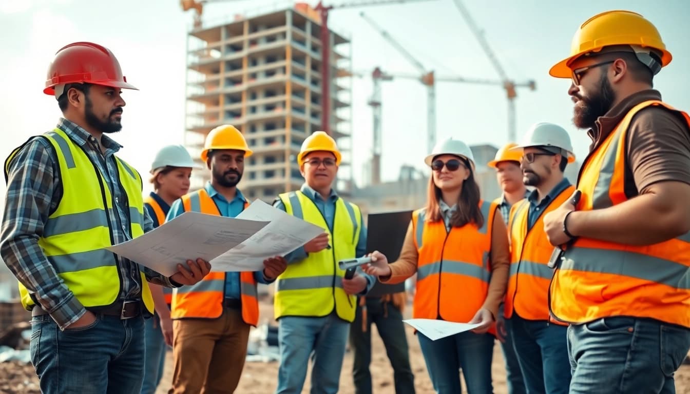 Workers engaging in collaboration and planning for careers in construction at a bustling construction site.