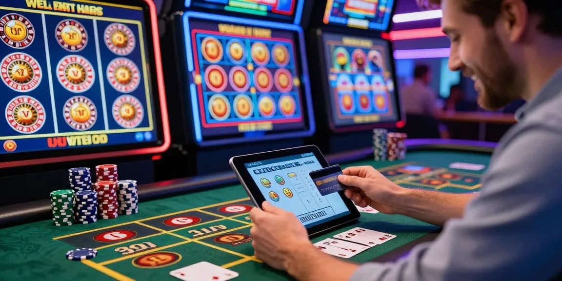 Excited player enjoying seamless gaming experience at uk credit card casinos with vibrant games and neon atmosphere.