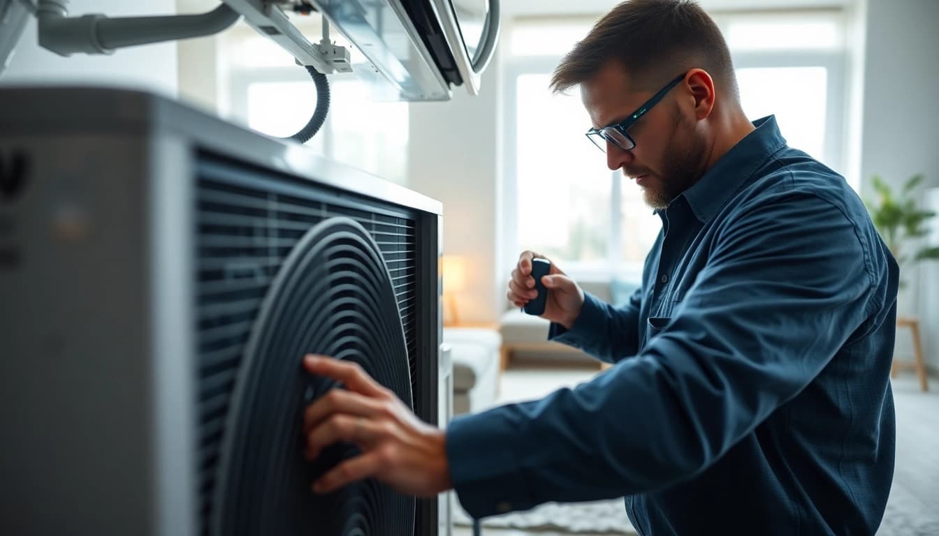 Expert HVAC technician performing hvac repair somers ny on an air conditioning unit in a modern home.