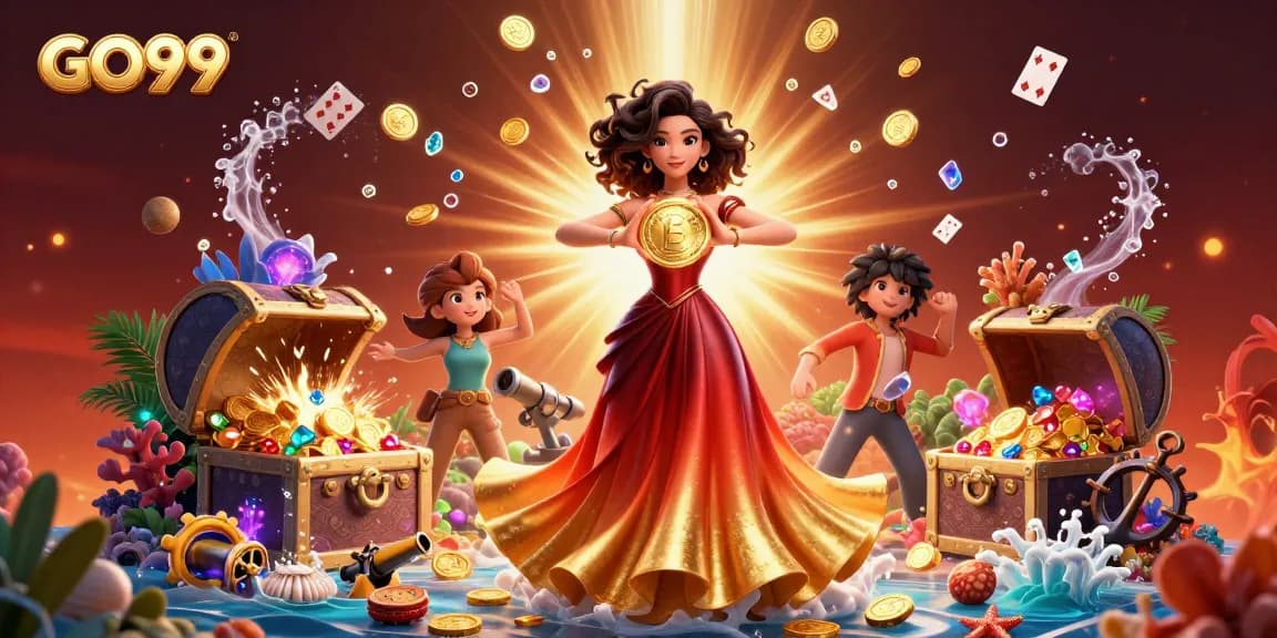 Experience GO99 thrilling action with an Asian woman holding a golden coin amidst dazzling casino elements.