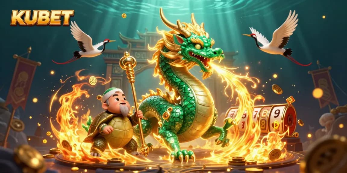 KUBET offers a thrilling scene with a jade dragon and turtle sage amidst exciting casino elements.