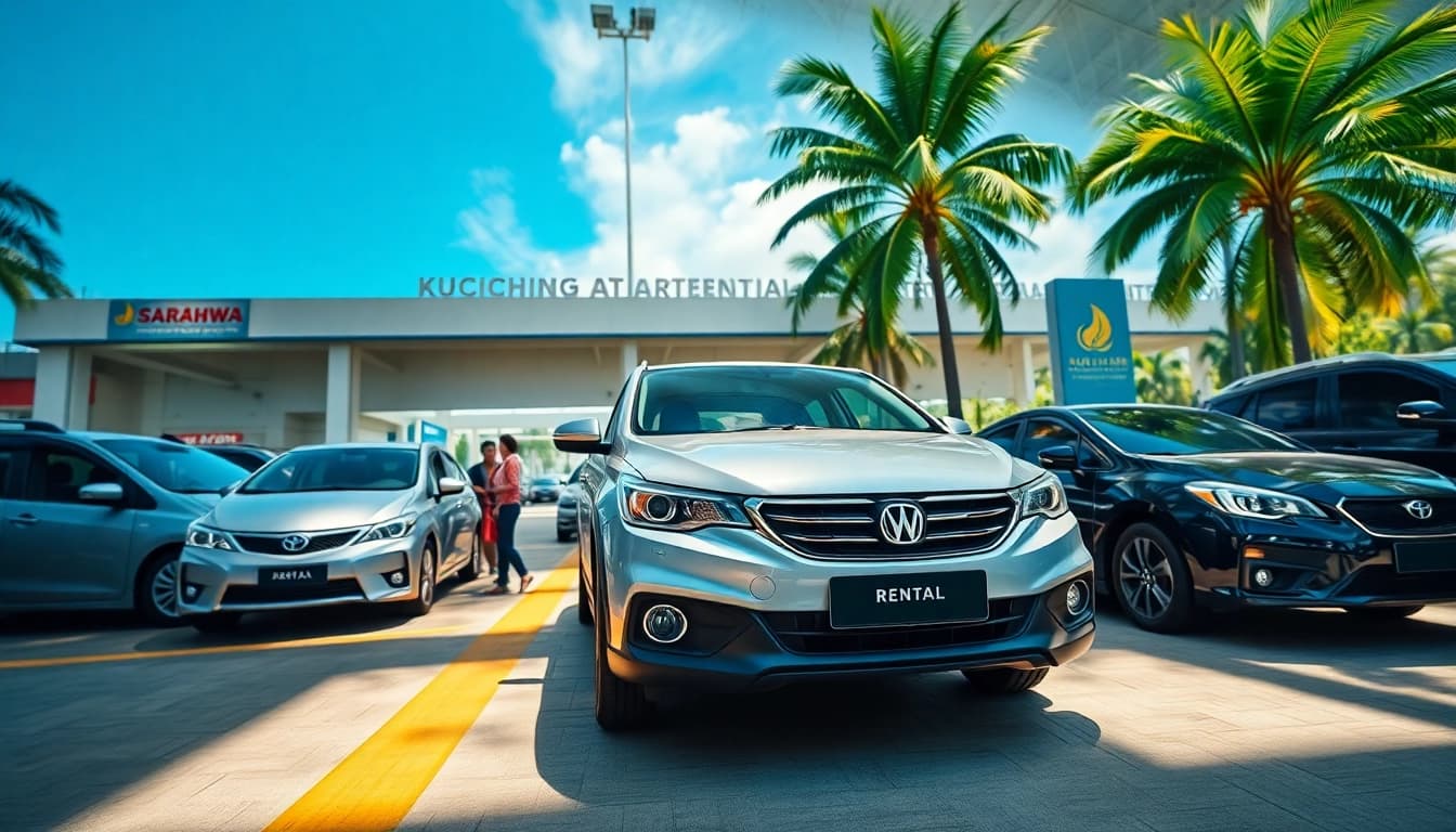 Car rental at Kuching featuring diverse vehicles and a vibrant airport scene.