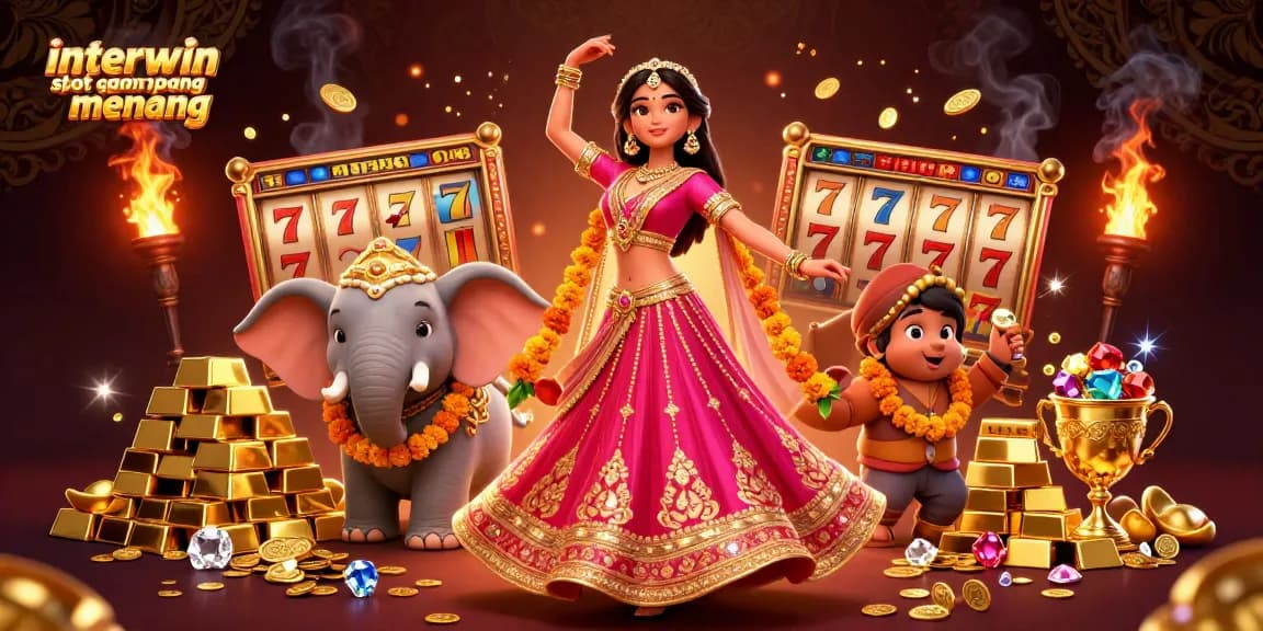 Spin to win with interwin slot gampang menang, featuring a vibrant scene of colorful slot reels and dynamic elements.