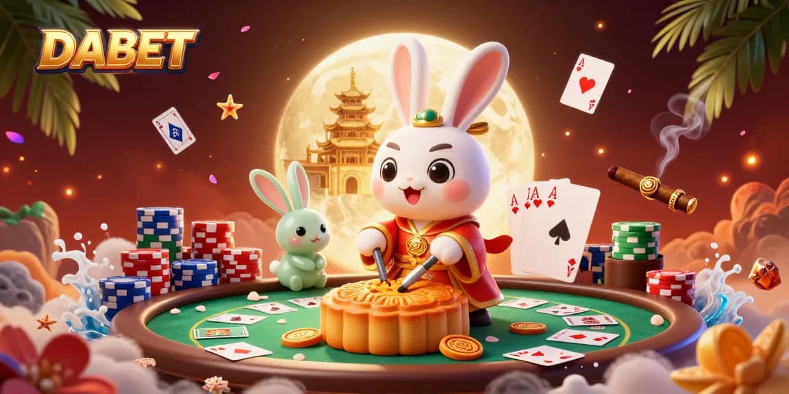 DABET offers an engaging casino atmosphere with a moon rabbit theme featuring poker chips and vibrant game elements.