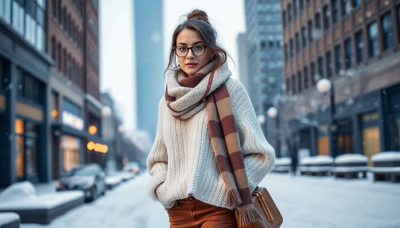 Model showcasing stylish winter fashion in a snowy city scene with cozy knitwear.