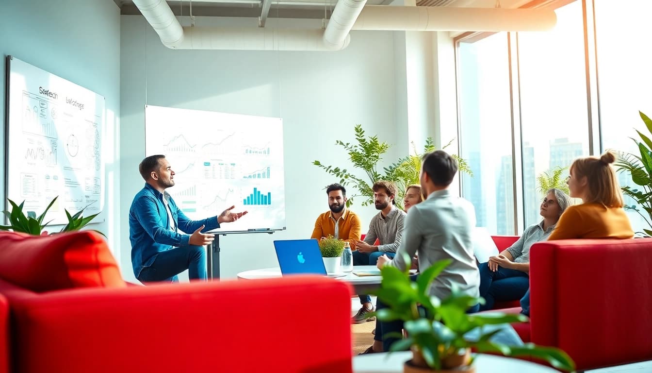 Highlight actionable business growth insights in a vibrant team meeting, promoting collaboration.