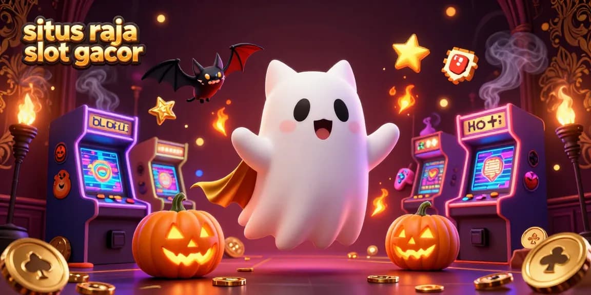 Situs raja slot gacor menampilkan kucing hantu 3D melayang dalam kasino berhantu dengan karakter menarik dan elemen jackpot yang memukau.