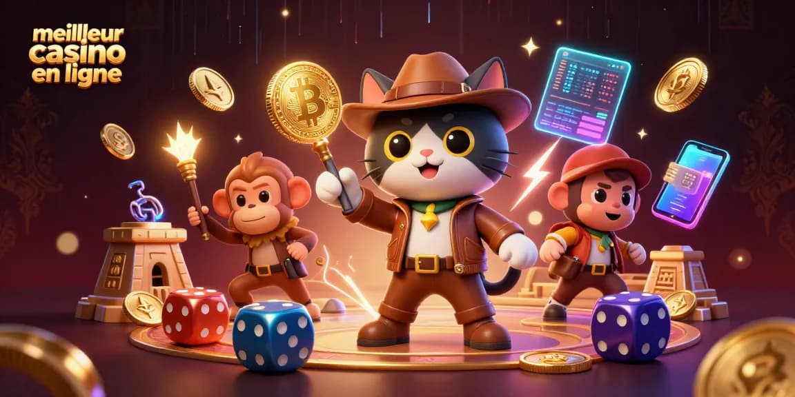 Découvrez le meilleur casino en ligne dans une scène animée avec des personnages 3D et des éléments de jeu.