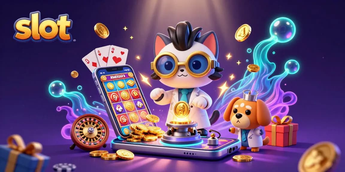 Spin through colorful slots in an imaginative lab with golden bubbles flying all around.