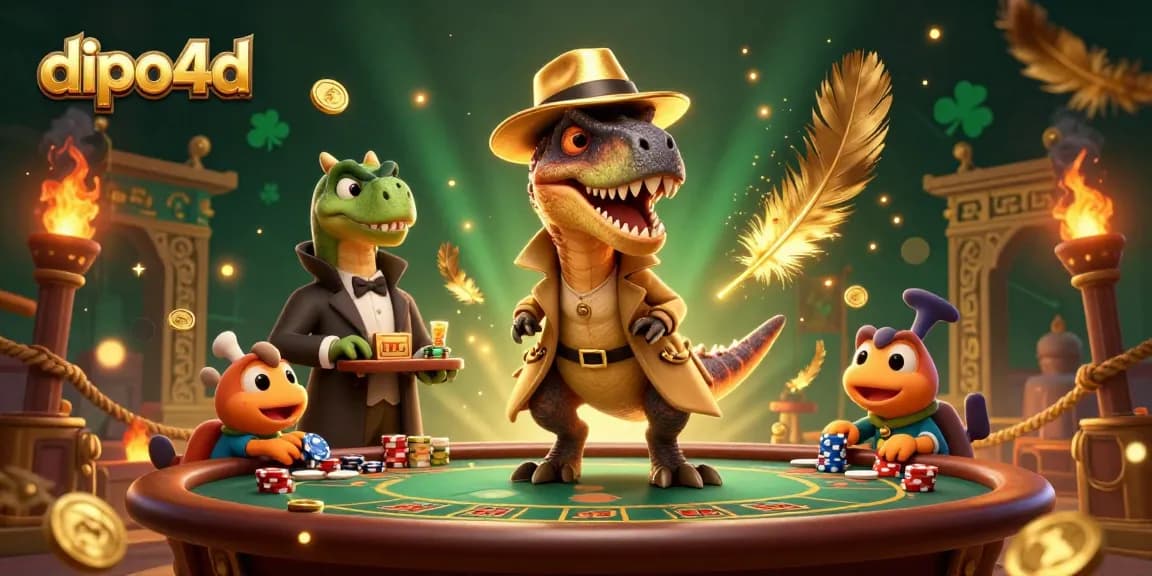 DIPO4D velociraptor card counter and stegosaurus pit boss bring excitement to a blackjack table, capturing casino action.