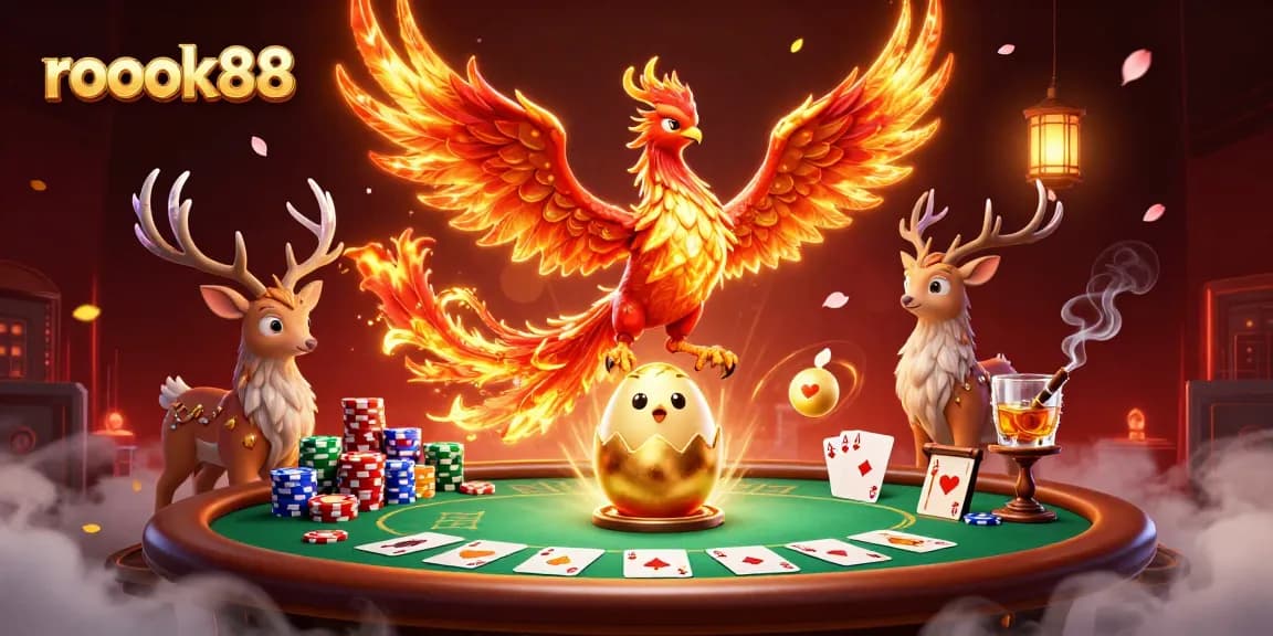 Experience thrilling gameplay with rokok88, surrounded by vibrant casino elements and enchanting characters.