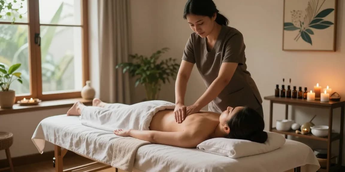 마사지 치료 중인 고객과 마사지사가 있는 평화로운 스파 장면