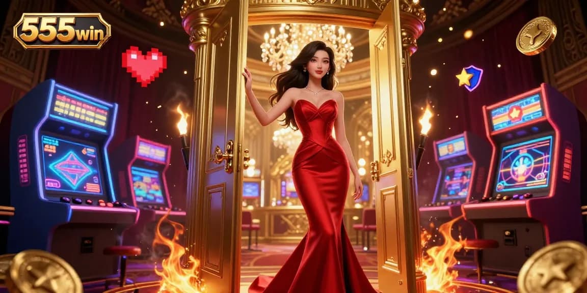 Experience the thrill of 555win with vibrant casino games and a stunning entrance.
