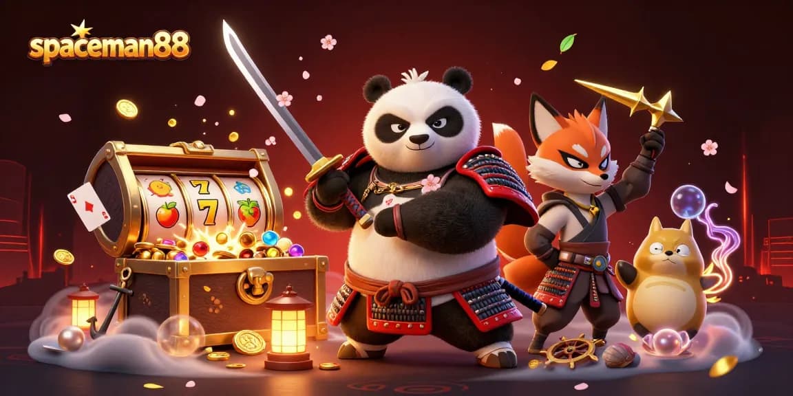 Engage in thrilling Spaceman88 slots as samurai panda battles alongside fox in a vibrant casino scene.
