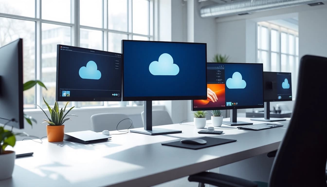 Engaging virtual desktop setup showcasing productivity tools in a bright office environment.