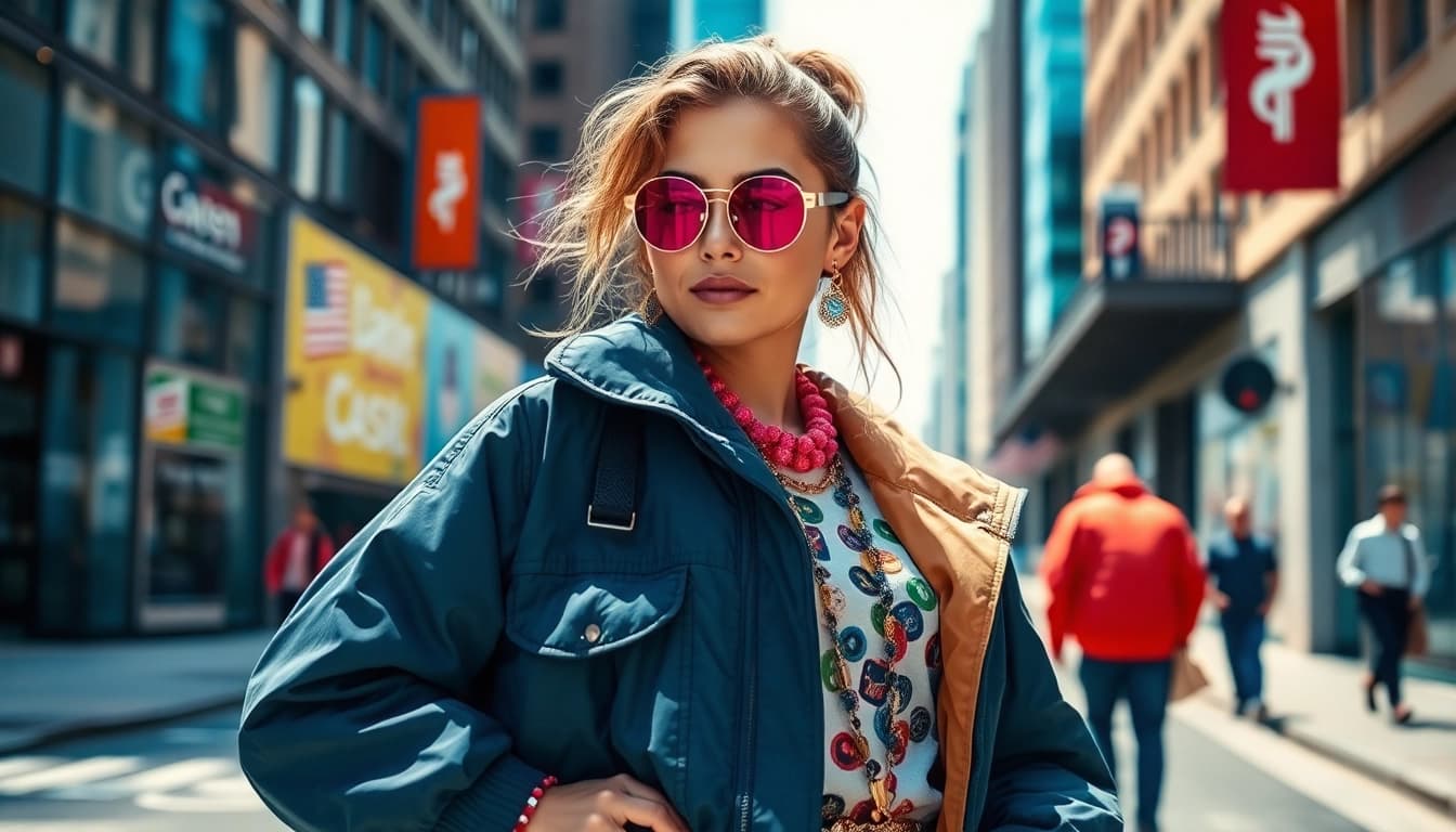 Fashion model showcasing trendy outfits against a lively urban backdrop.