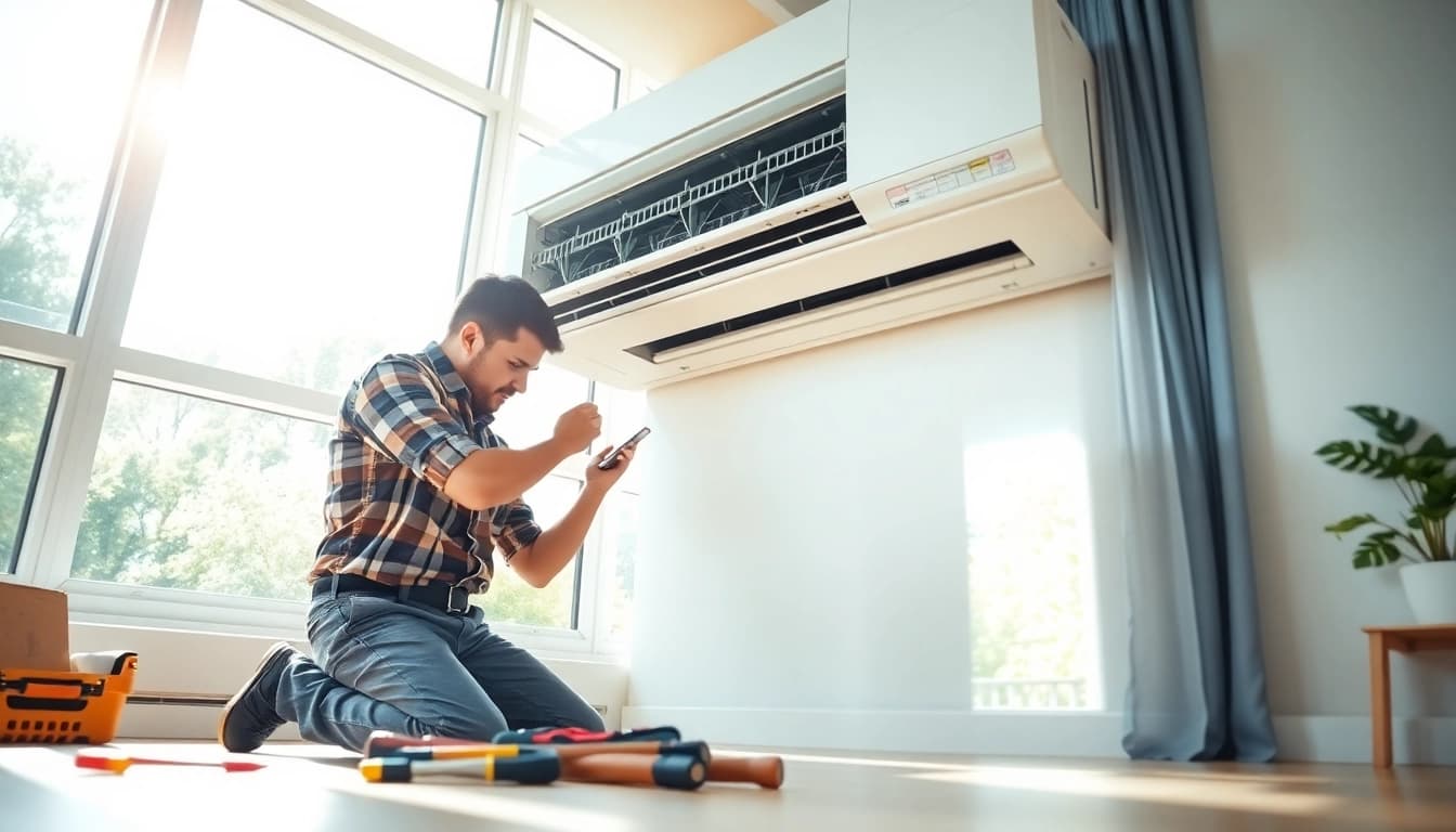 Technician providing exceptional heating and cooling services while inspecting an air conditioning unit.
