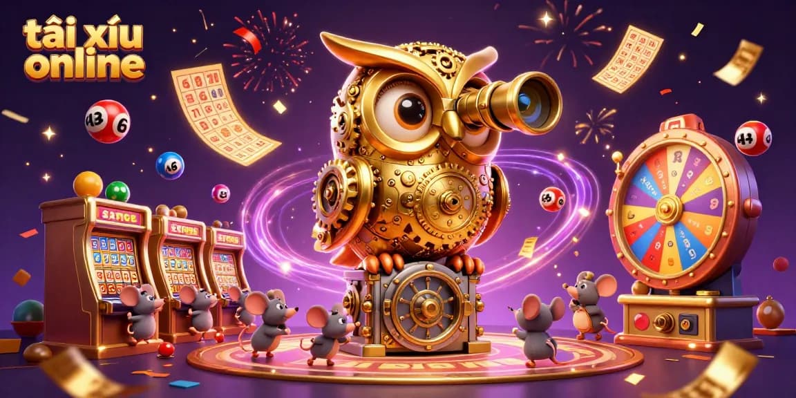 Engaging scene of tài xỉu online with a golden owl overseeing a casino, surrounded by lottery elements.