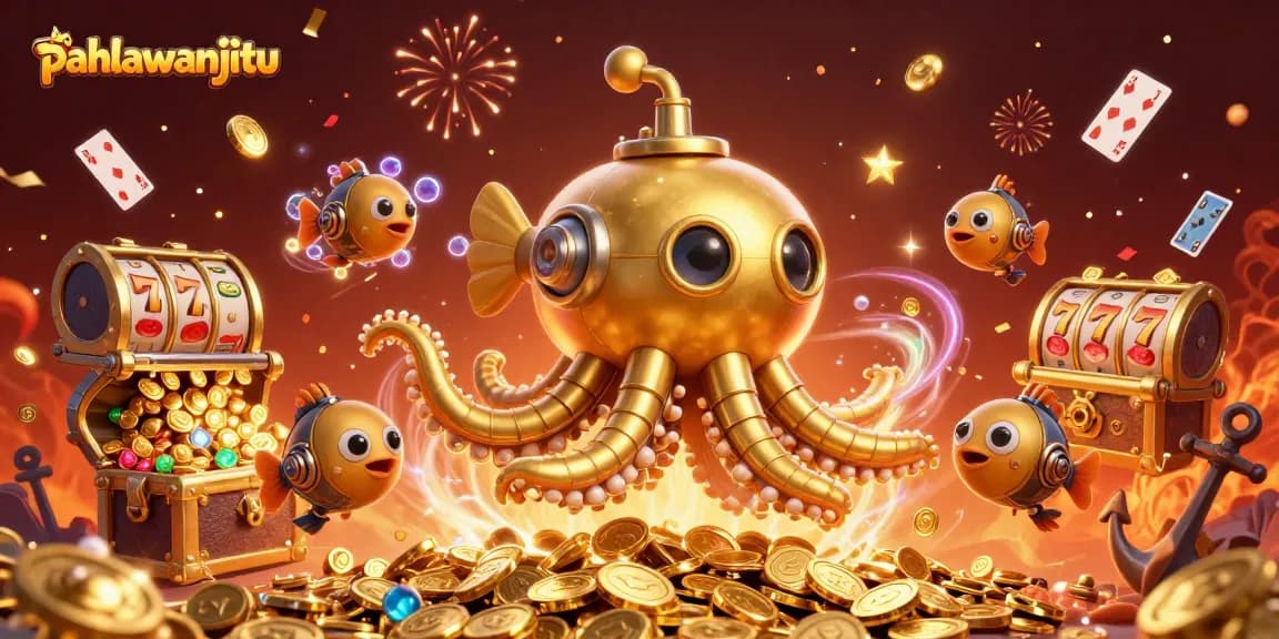 Pahlawanjitu showcases a vibrant casino scene with a golden kraken submarine and dynamic slot elements.