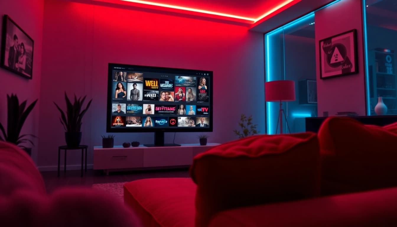 Enticing film genres and sleek interface of https://nangcuc.in/ in a vibrant digital setting.