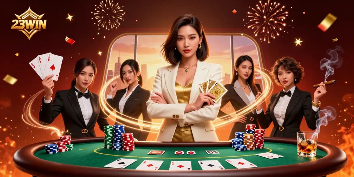Experience the excitement of 23WIN with a glamorous showdown in a high-stakes poker scene.