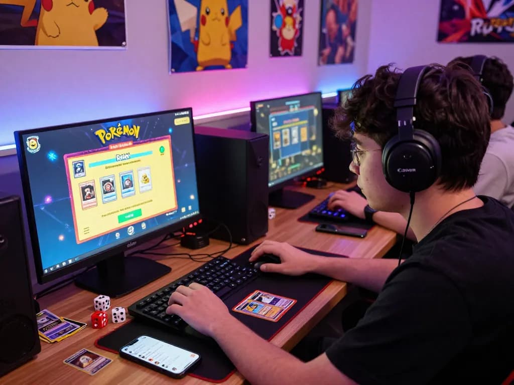ポケモンカードの開封のためのオンラインオリパおすすめを示す、活気に満ちた雰囲気のオンラインゲームの魅力的なシーン。