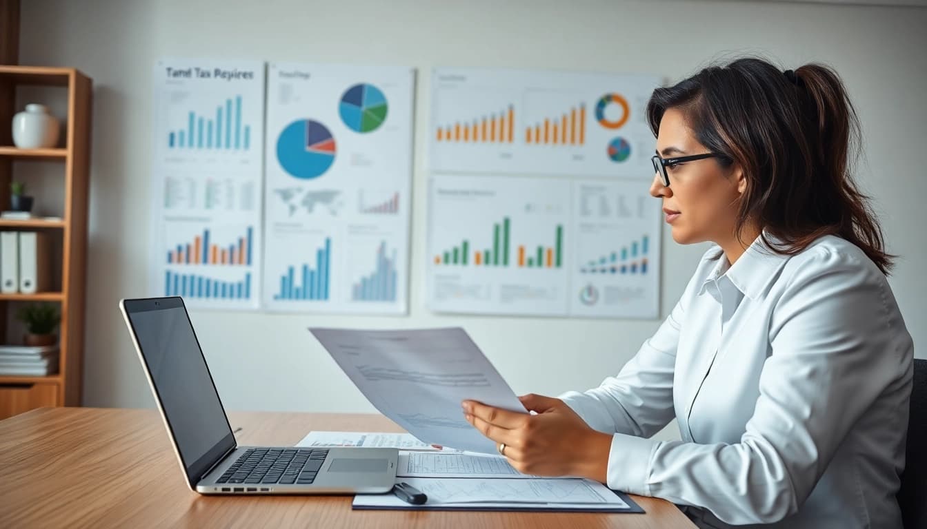 Tax advisor analyzing taxes documents in a bright office environment.