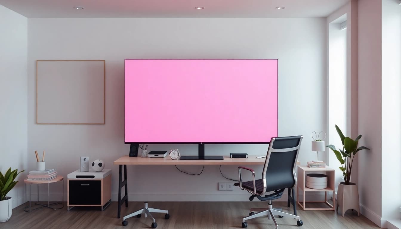 Professional workspace featuring a calming pink screen for creative projects.