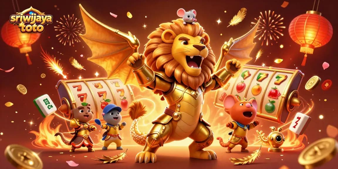 Sriwijayatoto showcases an epic scene of a chimera and a mouse jockey celebrating slot game victories amid vibrant casino elements.