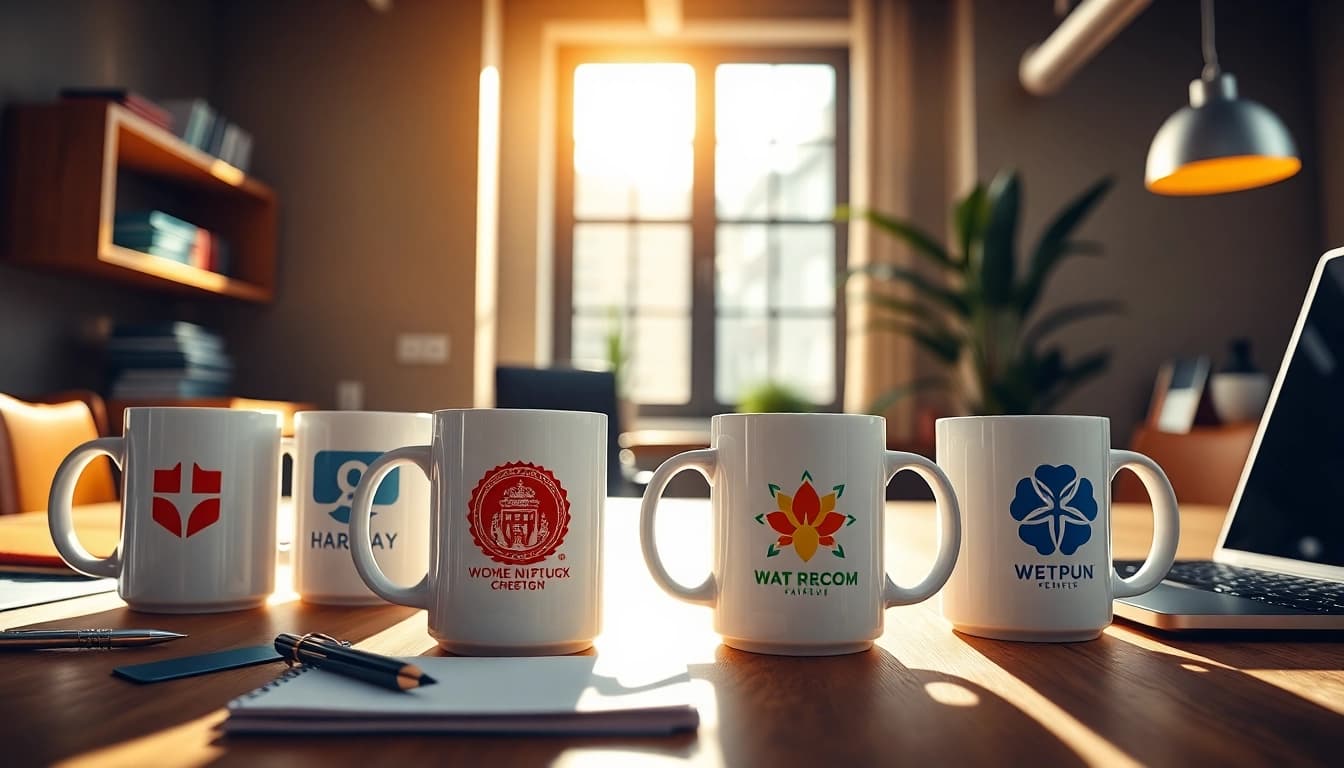 Individualizuoti kavos puodeliai (Puodeliai su logotipu) rodomi modernioje darbo aplinkoje, demonstruodami ryškius logotipus ir profesionalią atmosferą.
