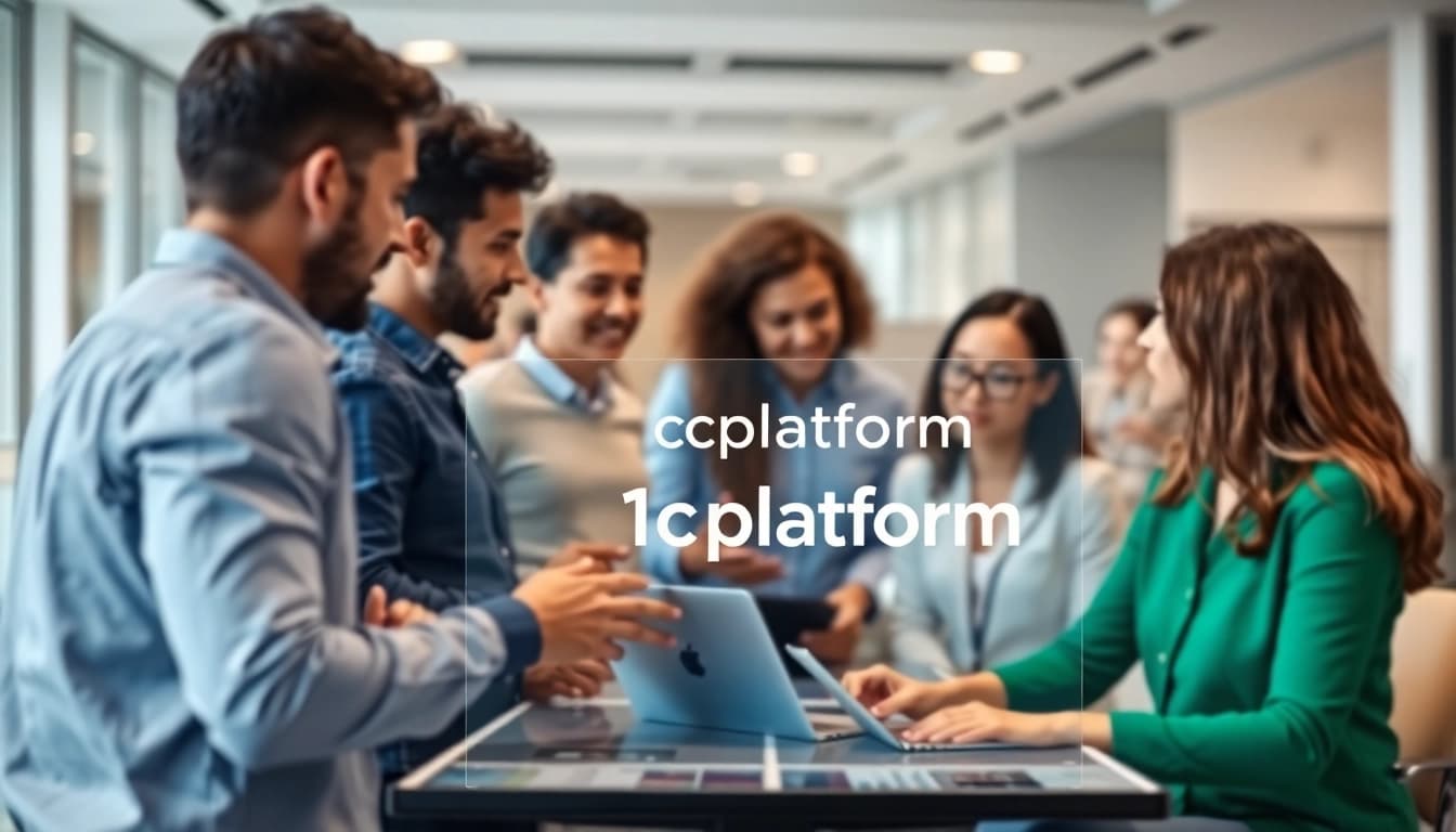 Engaged professionals collaborating with the 1cplatform technology in a modern office setting.