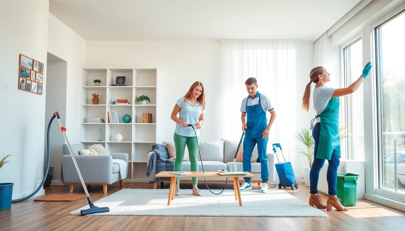 Cleaning service professionals diligently cleaning a bright and modern home environment.