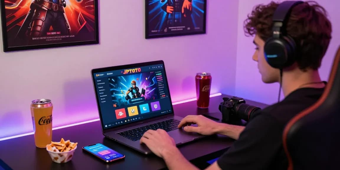 JPTOTO gaming experience with a player engaged in an online gambling adventure at a stylish desk.