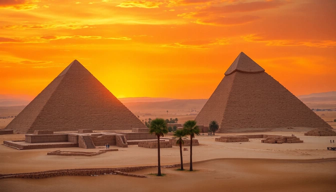 Discover the majestic piraminds under a vibrant sunset highlighting their iconic shapes.