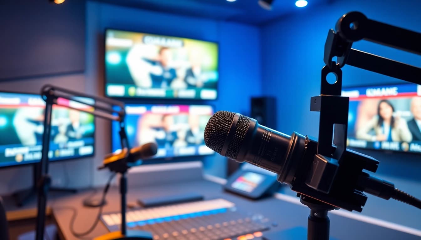 Listeners engaging with hometownstation.com broadcasts in a modern radio studio.