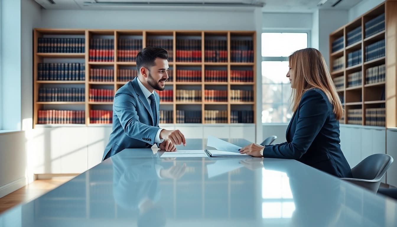Engaging attorney-client discussion about legal matters at http://www.jacobsonpilaw.com in a modern office.