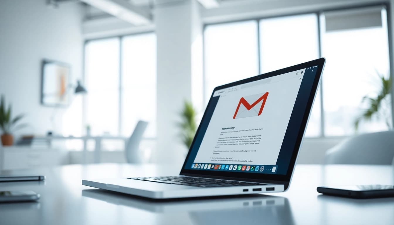 View of Gmail邮箱 interface on a professional laptop in a bright office environment.