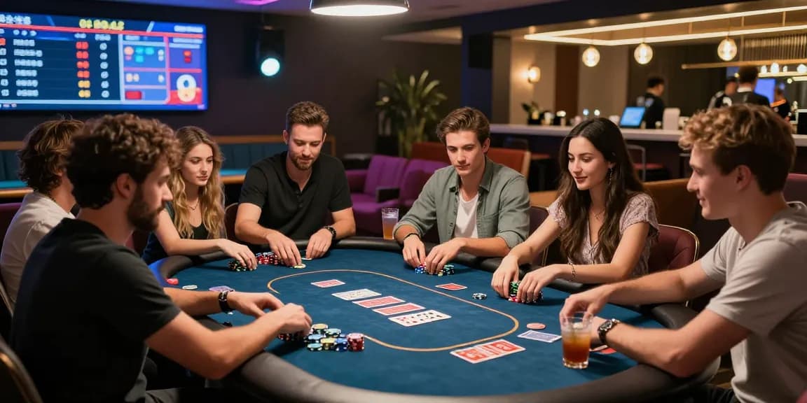 Exciting gaming lounge with friends enjoying rokok88 super poker game.