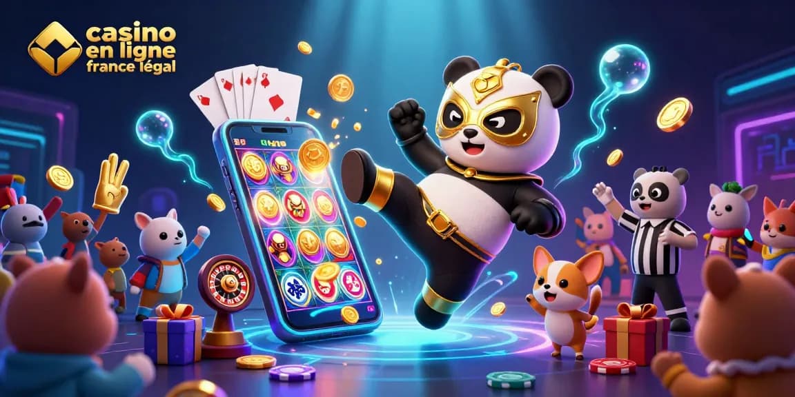 Casino en ligne France légal : illustration animée avec panda luchador en plein vol entouré d'éléments de jeu