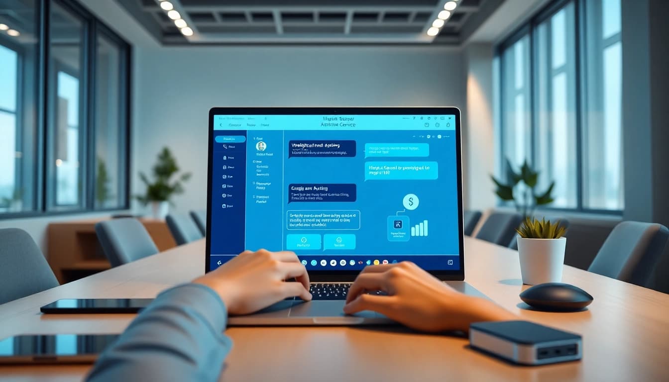 Meiqia 智能客服平台在现代办公环境中的界面，强调互动与技术。
